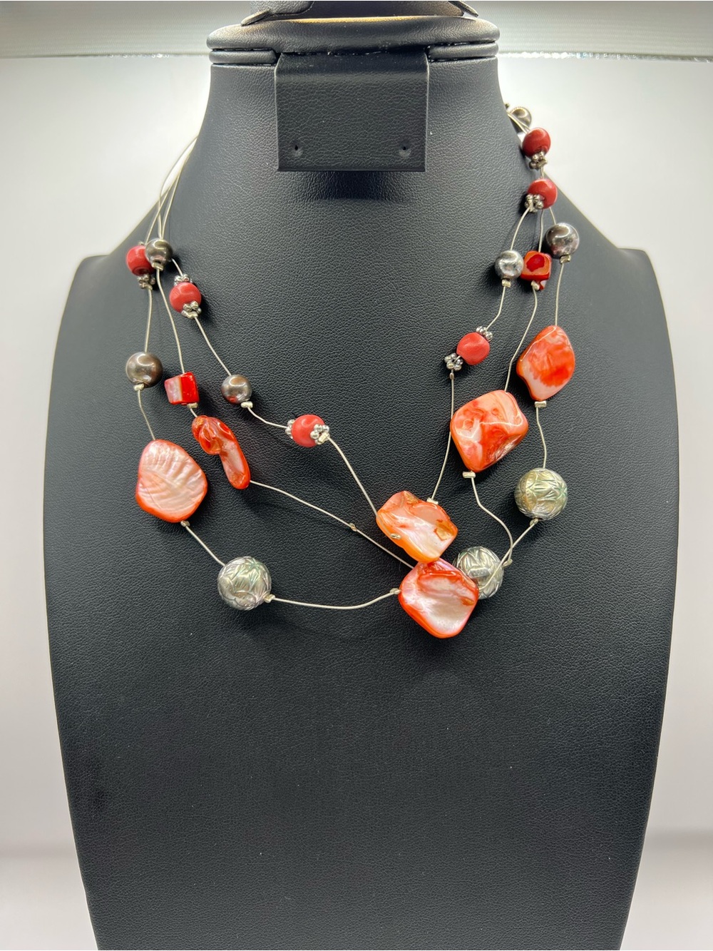 Vintage Multi Strand Floating Bead Illusion Necklace Red Coral Shell